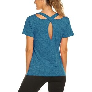 NWT COOrun Lightweight Run Yoga Athletic Short Sleeve‎ Criss Cross Top Blue Sz.S